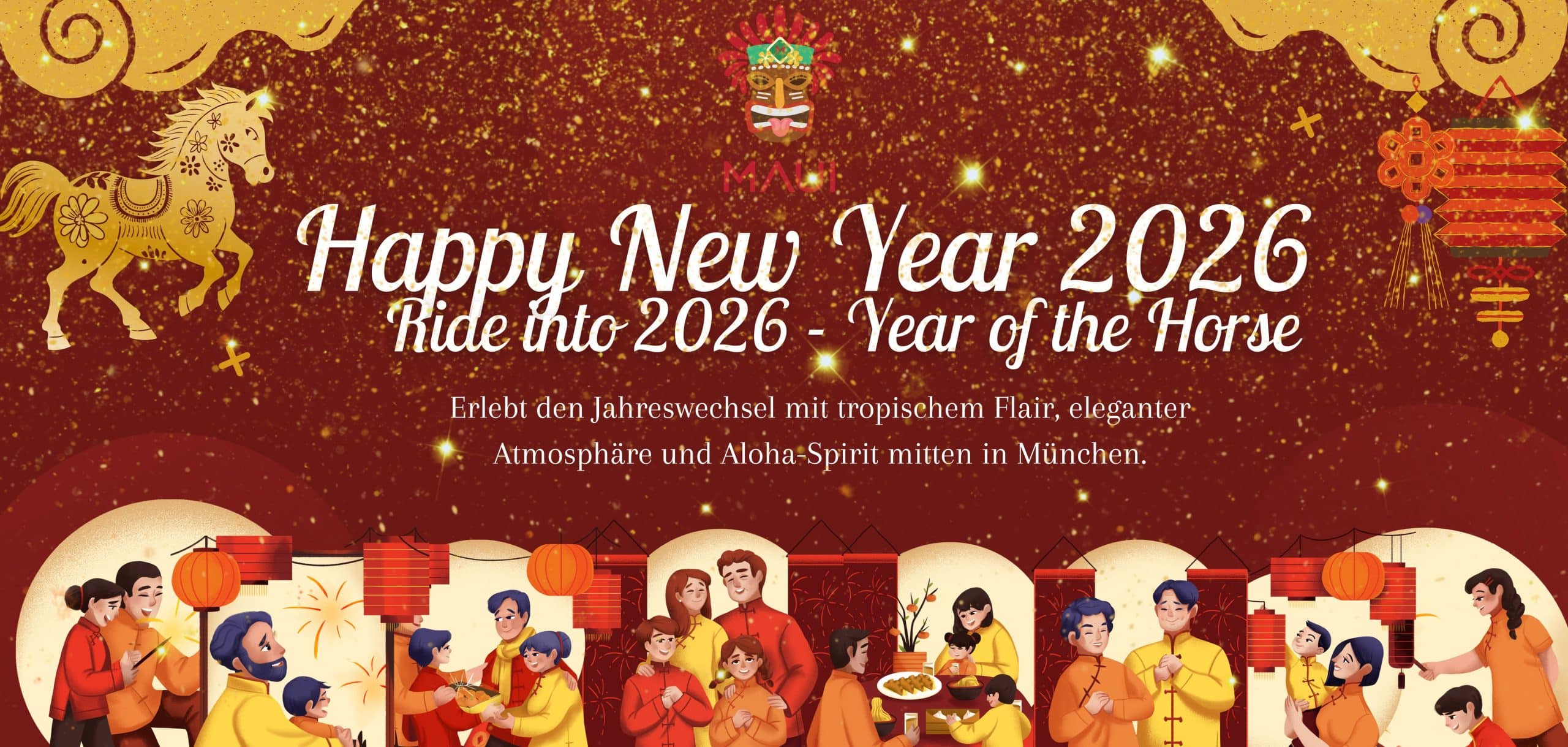 Silvester 2025/2026 im MAUI Nymphenburg – Ein festlicher Abend mit hawaiianisch-vietnamesischem Menü & Live-Music am Rotkreuzplatz | MAUI Hawasian & Vietnamese Restaurant München Silvesterabend 2025/2026 im MAUI Nymphenburg – festliches Werbebanner Happy New Year 2026 mit tropischem Design.